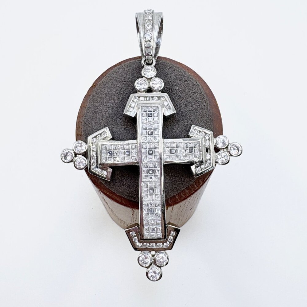VTG Solid Sterling Silver 925 White Crystal Cross Pendant Size 3" Length